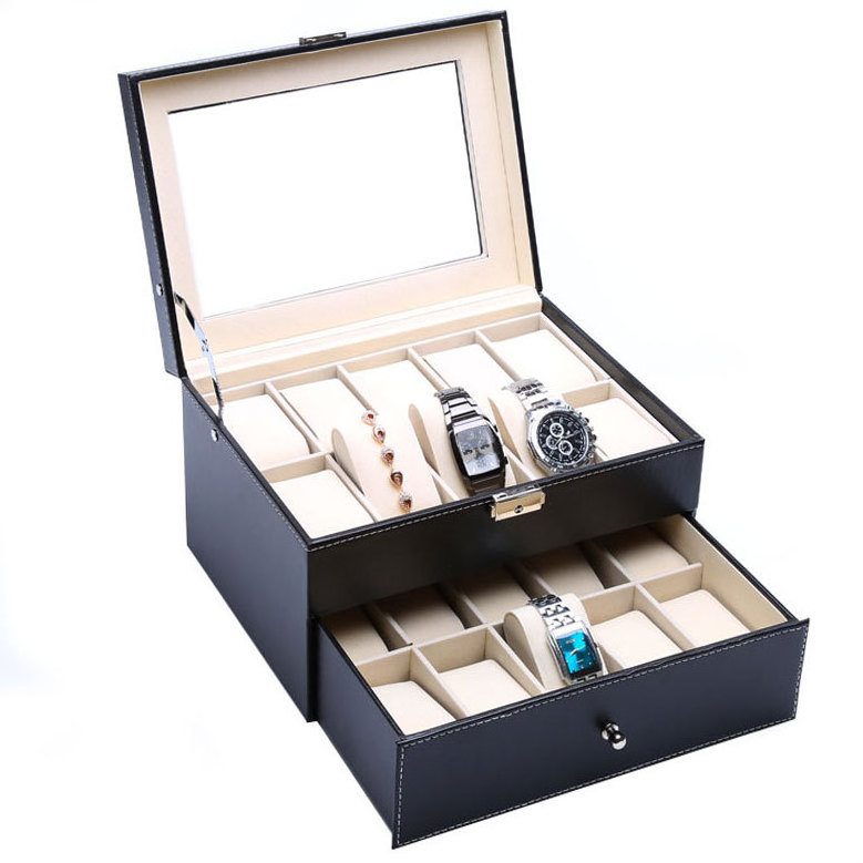 Custom Logo 6 12 20 24 Slots Two Layers Watch Storage Organizer Display PU Leather Luxury Watch Boxes