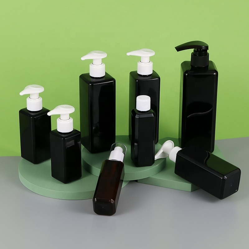 Cosmetic plastic bottle black square customizable empty wholesale Shampoo Hair conditioner Body wash bottle