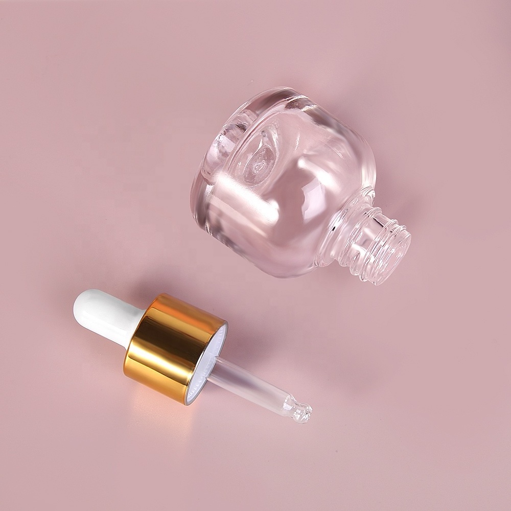 Stylish clear gold round 20ml body Essential oil perfume bottle skin care serum glass dropper bottle