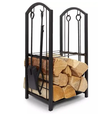 Heavy Duty Firewood Rack Wrought Iron Fire Place Toolset with Poker, Shovel, Tongs, Brush, Stand for Outdoor Indoor