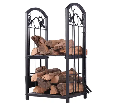 Heavy Duty Firewood Rack Wrought Iron Fire Place Toolset with Poker, Shovel, Tongs, Brush, Stand for Outdoor Indoor