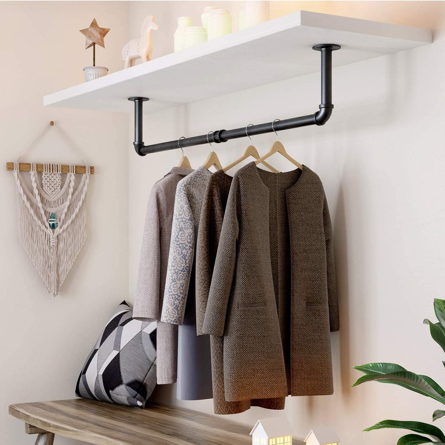 LEMO Clothes Rail Pipe Malleable Cast Iron Rack Industrial Vintage Wall Mounted Wardrobe Metal Water Pipe Clothes Hanging Rail