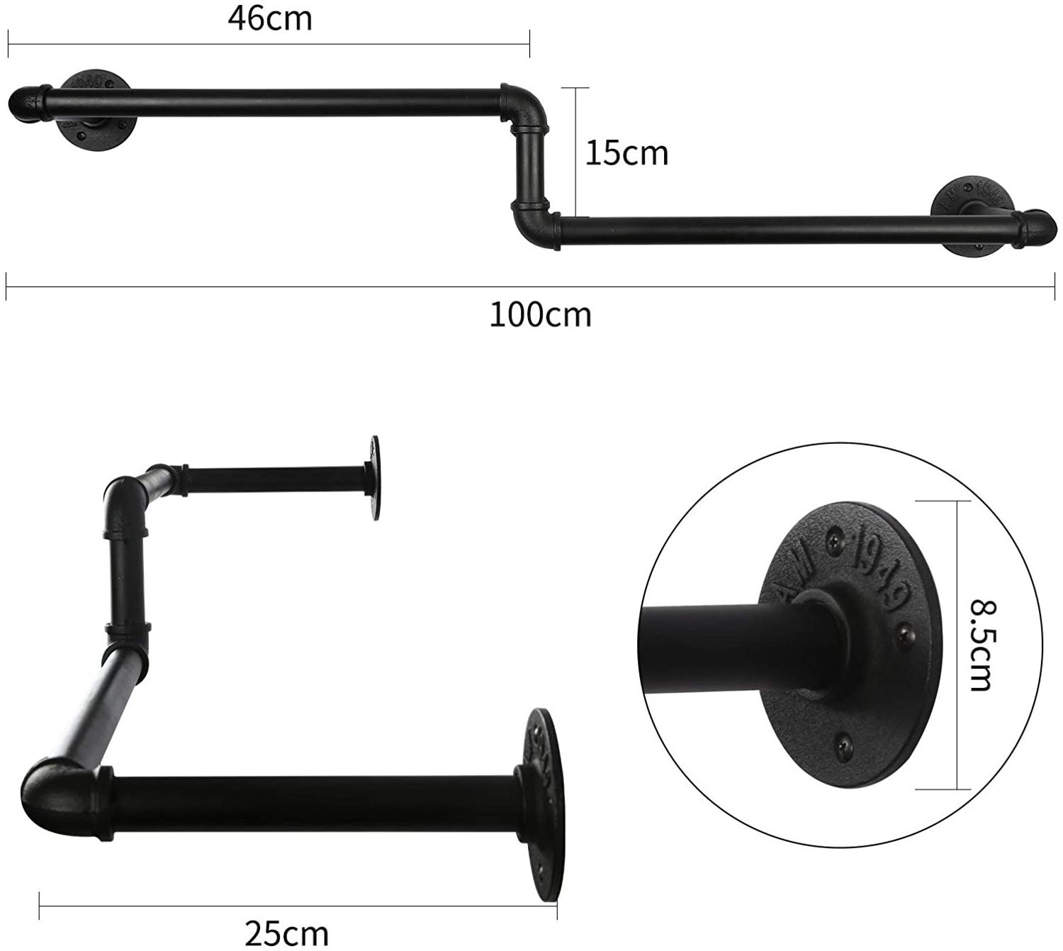 LEMO Z-shaped Clothes Rail - 100 cm Long Clothes Rack, Wall Mounted - 25 mm Industrial Tube  Black Garment Hanging Rail For Home