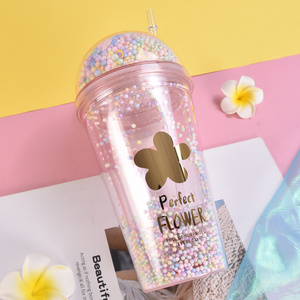 New Tumbler Mugs plastic Water Bottle Glitter Cat Ear DIY Double Wall Bling Rainbow Cup With Straw Drinking Bottle