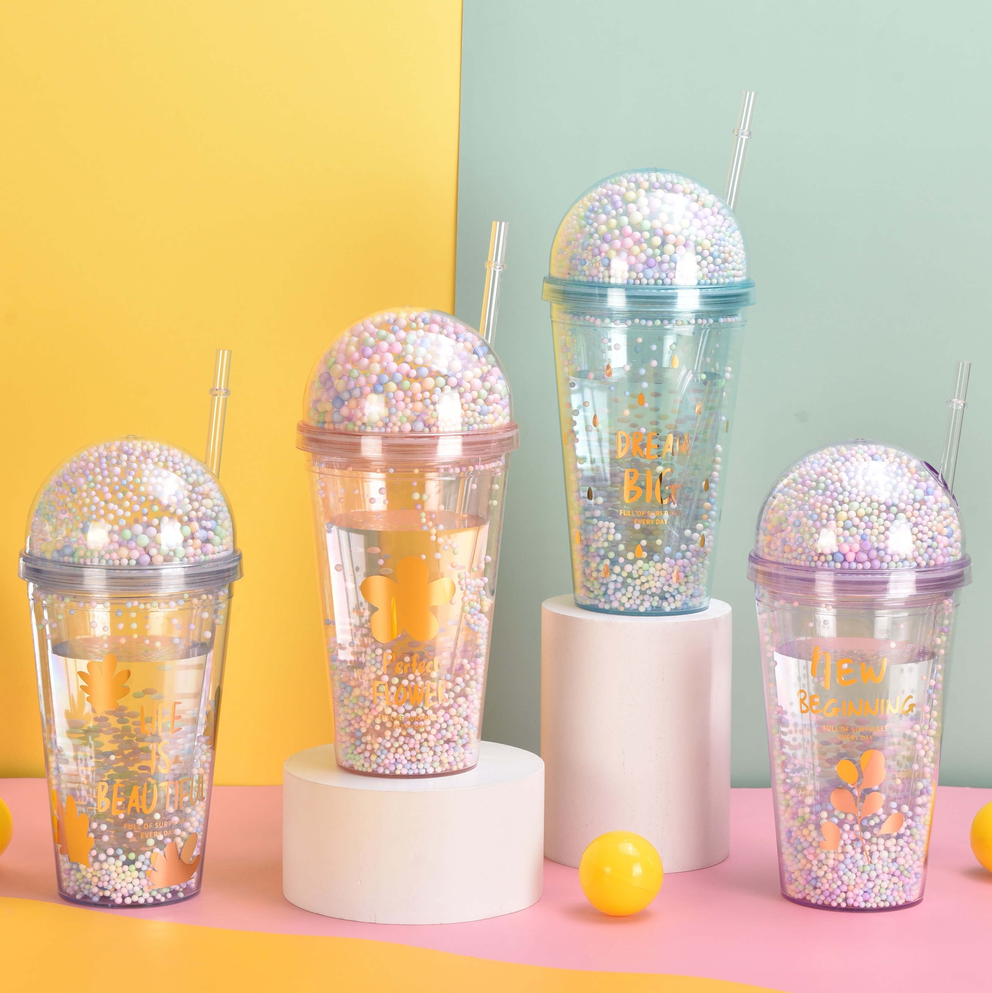 New Tumbler Mugs plastic Water Bottle Glitter Cat Ear DIY Double Wall Bling Rainbow Cup With Straw Drinking Bottle