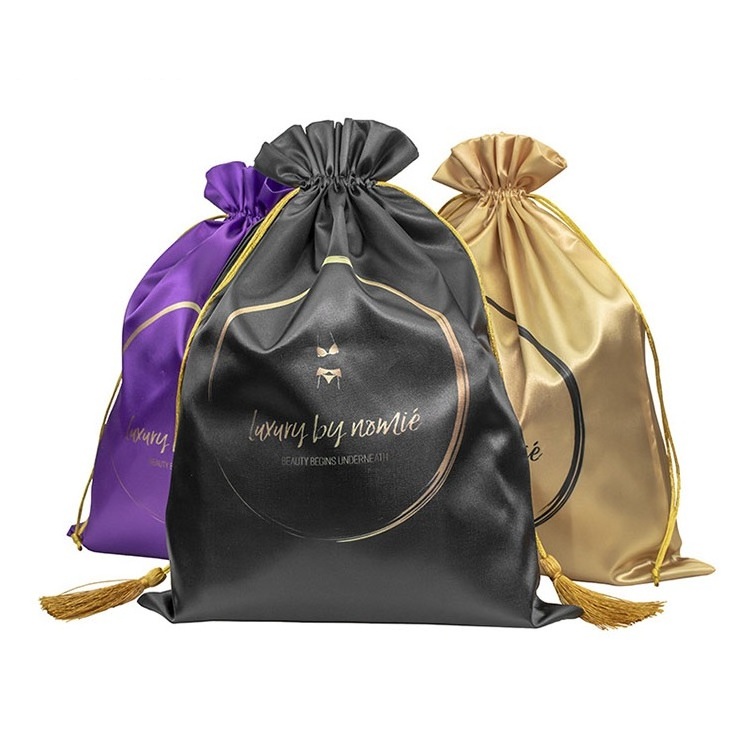 Custom Logo Wig Bag For Hair Extension Silk Satin Tassel Drawstring Bag Packaging Bags