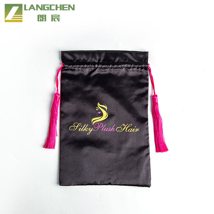 Custom Logo Wig Bag For Hair Extension Silk Satin Tassel Drawstring Bag Packaging Bags