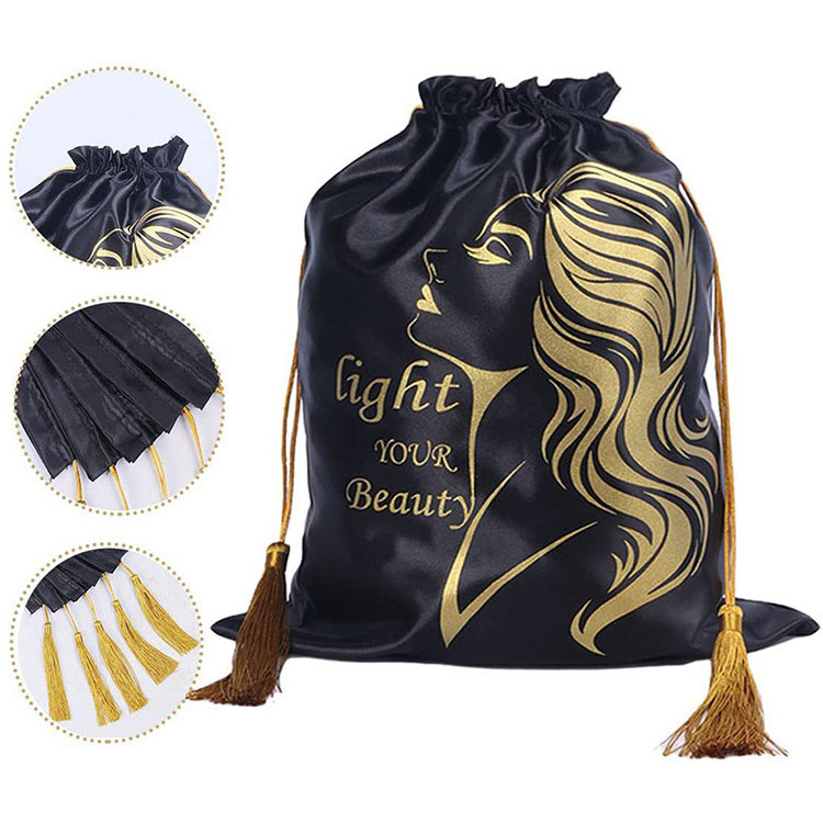 Custom Logo Wig Bag For Hair Extension Silk Satin Tassel Drawstring Bag Packaging Bags