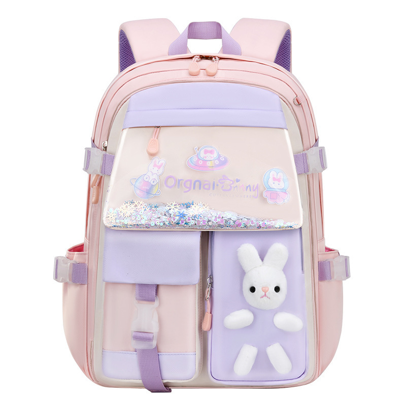 Trendy Girls Pink Primary School Bag With Rabbit Multi-Pocket Casual School Backpack