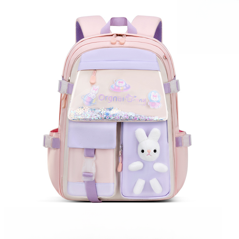 Trendy Girls Pink Primary School Bag With Rabbit Multi-Pocket Casual School Backpack