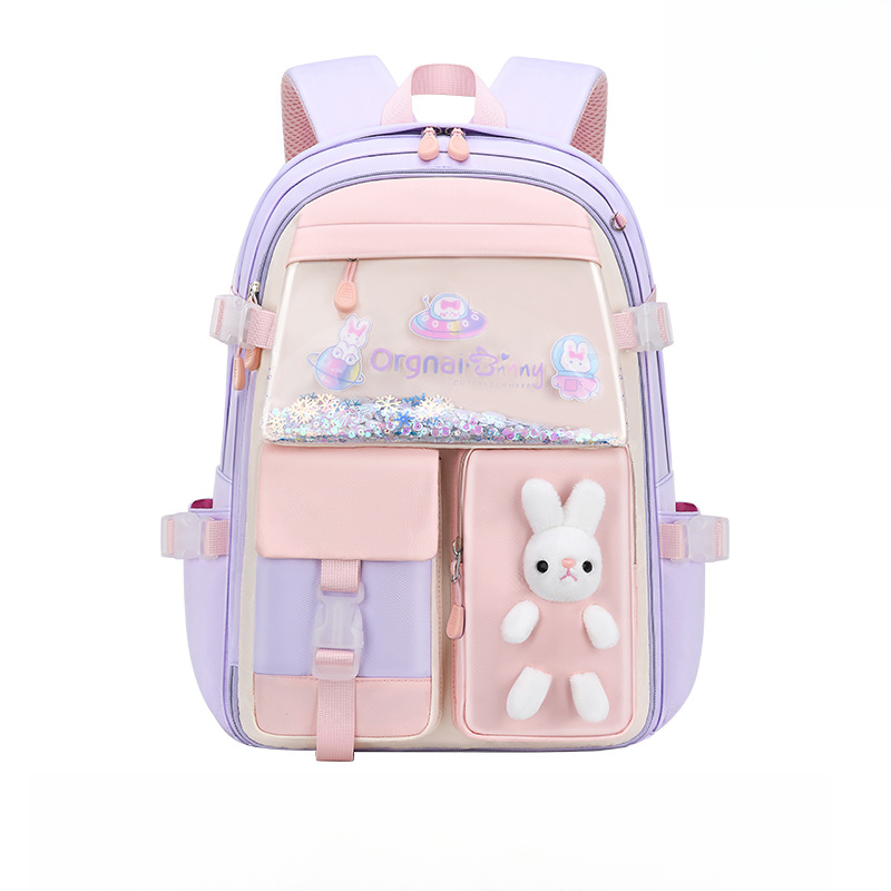 Trendy Girls Pink Primary School Bag With Rabbit Multi-Pocket Casual School Backpack