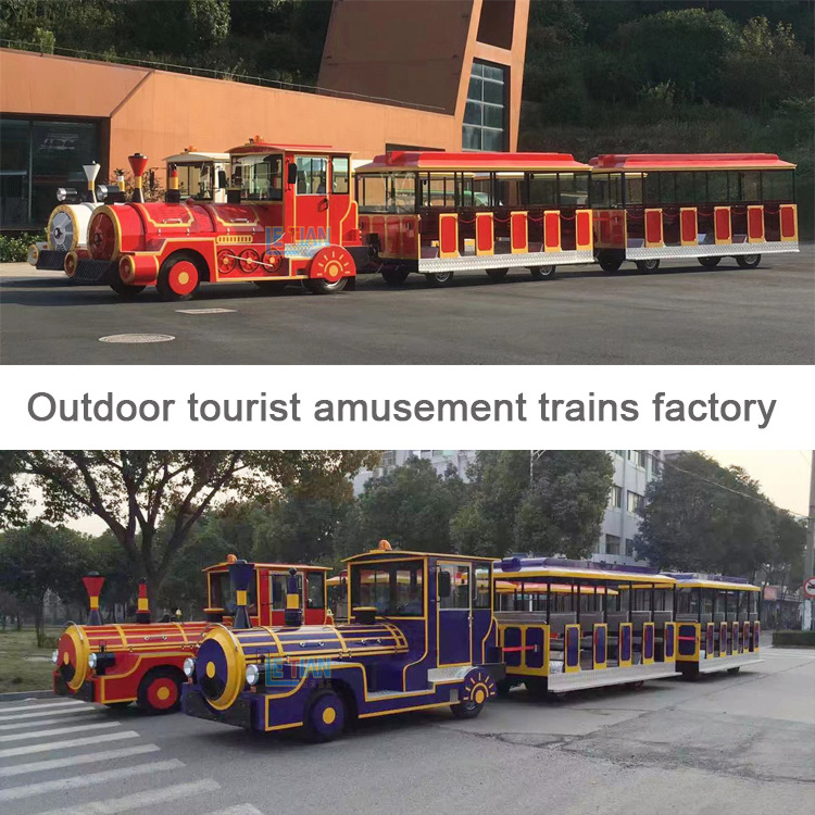 Outdoor trackless trains attractions diesel road train tourist sightseeing train for amusement park family rides