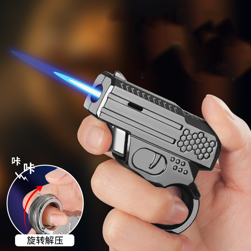 Cool Mini Revolver Butane Gas Inflatable Windproof Direct Injection Lighter Metal Peculiar Small Gun Key Chain Pendant Lighter