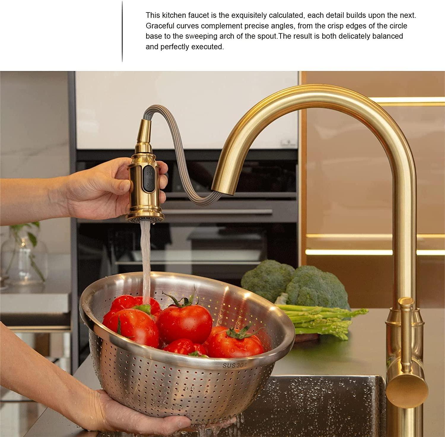 Brushed Gold Kitchen Faucet Kitchen Sink Faucet Faucet Suitable Brushed Brass with Pull-down Sprayer Single Handle Gold Modern