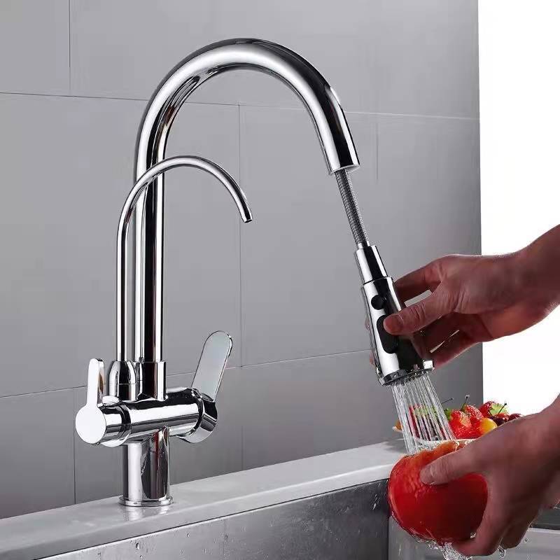 Water Filter Purifier Kitchen Faucets with Pull Out Sprayer Dual Handles Matte Black 3 in 1 Graphic Design Stainless Steel 1 Pcs