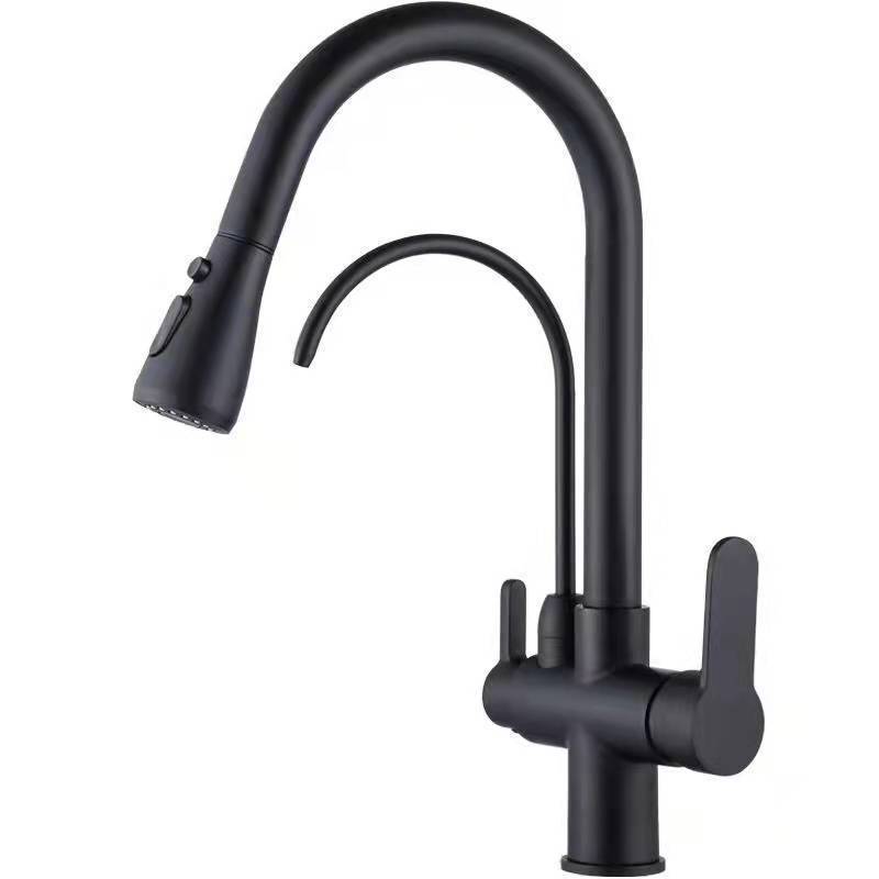 Water Filter Purifier Kitchen Faucets with Pull Out Sprayer Dual Handles Matte Black 3 in 1 Graphic Design Stainless Steel 1 Pcs