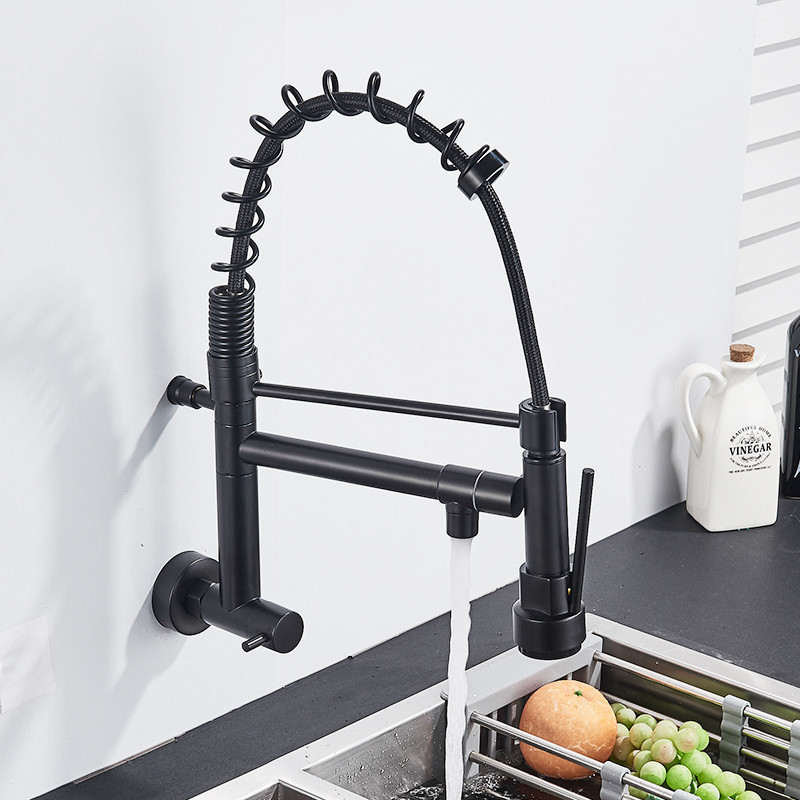 Matte Black Spring Kitchen Faucet Pull Down Sprayer Single Cold Water Mixer Wall Mounted Faucet 360 Rotation Kitchen Faucets