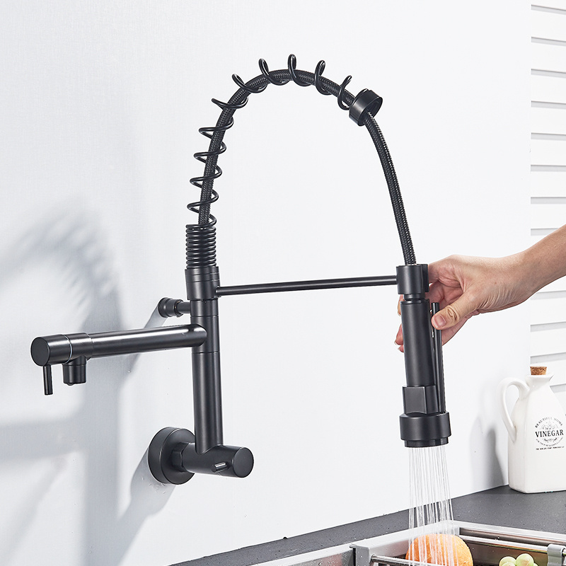 Matte Black Spring Kitchen Faucet Pull Down Sprayer Single Cold Water Mixer Wall Mounted Faucet 360 Rotation Kitchen Faucets