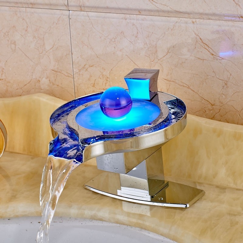 Color Changing LED Waterfall Tap For Bathroom Sink Faucet Hot Water Mixer