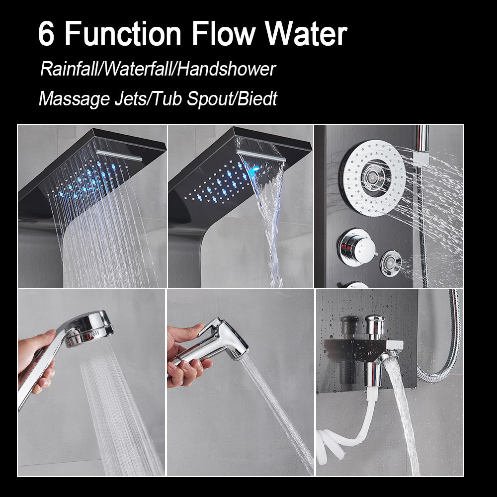 Black LED Light Shower Faucet Set Bathroom SPA Massage Jet Shower Column System Waterfall Rain Shower Panel Bidet Sprayer Tap