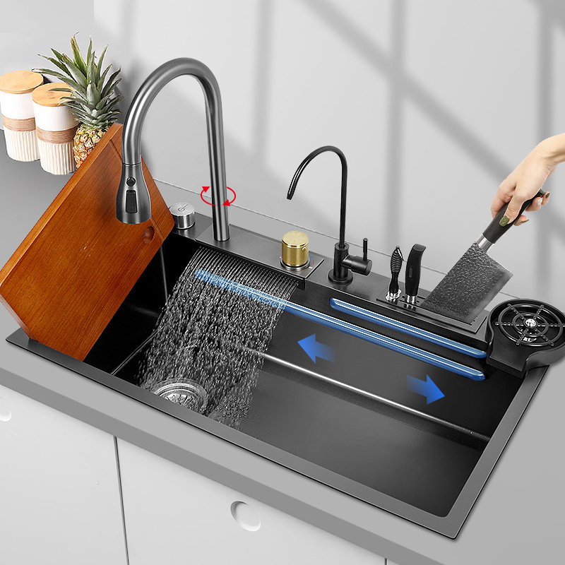 Modern Stainless Steel Waterfall Kitchen Sink Black Large Single With Multifunction Touch Waterfall Faucet