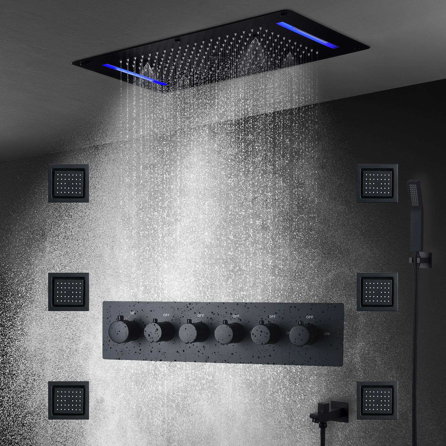 Bathroom Ceiling LED Shower Head Set Thermostatic Mist Spray Rainfall Waterfall Shower Faucet 2023 Newest Matte Black ODM Modern