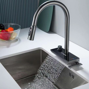 Smart High End Copper Waterfall Rainfall Kitchen Sink Faucet Digital Display Revolving Kitchen Faucet