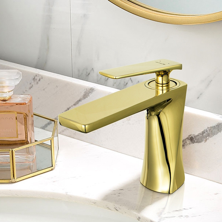 Deck Mounted Modern Simple Gold Water Faucet Brass Single Hole Bathroom Basin Faucet