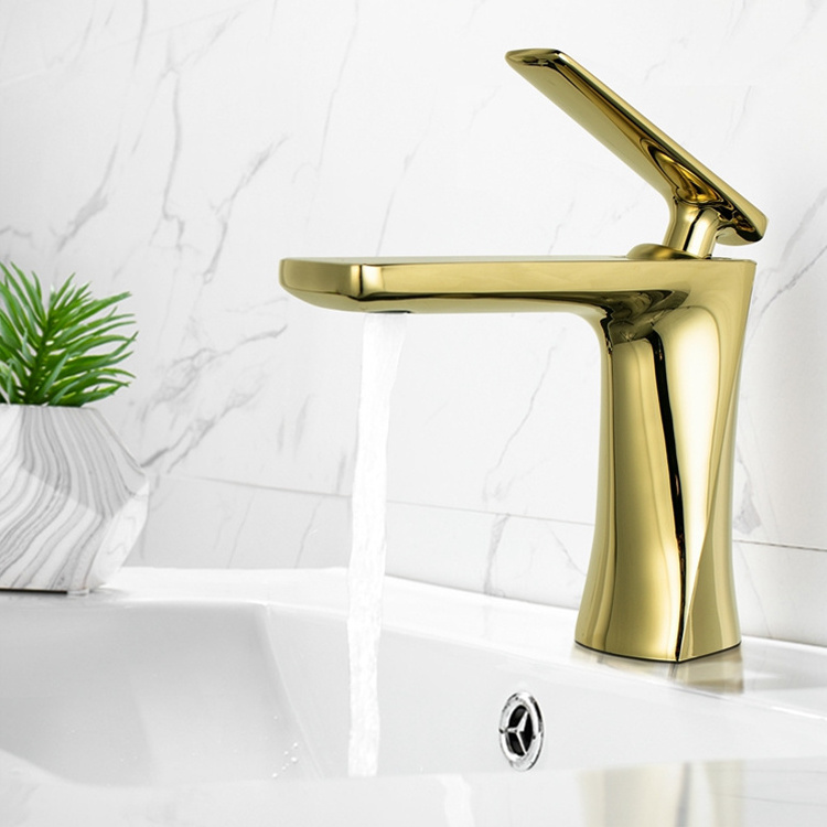 Deck Mounted Modern Simple Gold Water Faucet Brass Single Hole Bathroom Basin Faucet