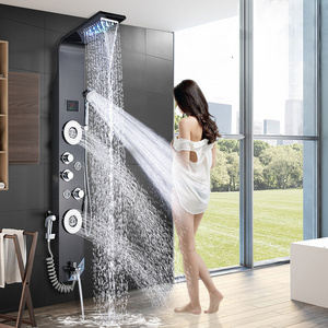 Shower Panel Bathroom Wall Mounted Stainless Steel Waterfall Black Shower Column Set Tower Jets Led Shower Panels Panel De Ducha