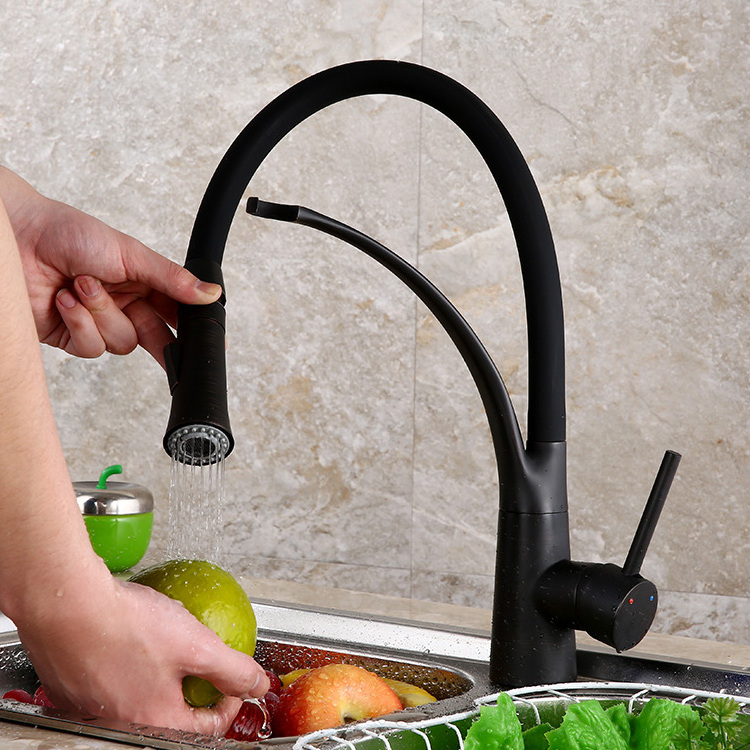 High Quality Matt Black Brass Flexible Hose Single Handle Faucet Pull-out Kitchen Sink Tap Mixer Faucet