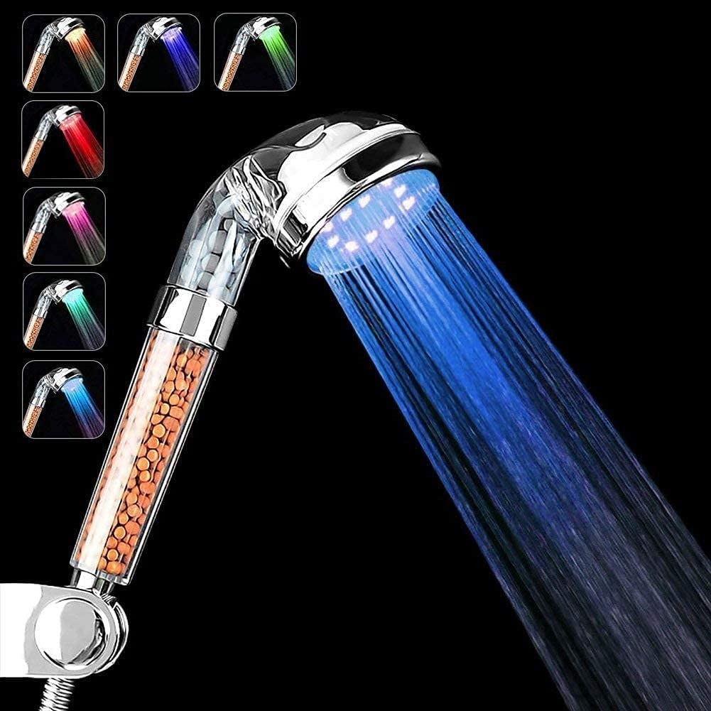 Shower Head LED Color Changed with Hose and Shower Arm Bracket, 7 Color Flash Light Automatically Changing LED Fixed ShowerHead