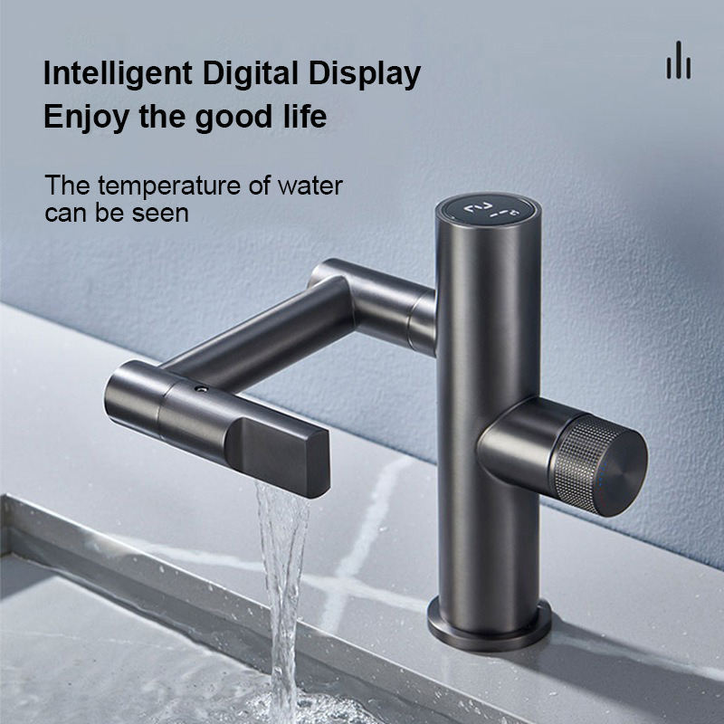 Bakicth1080 Degree Basin Faucet Modern Intelligent Digital Display Sink Faucet Bathroom Faucet Hot and Cold Water Mixer Brass