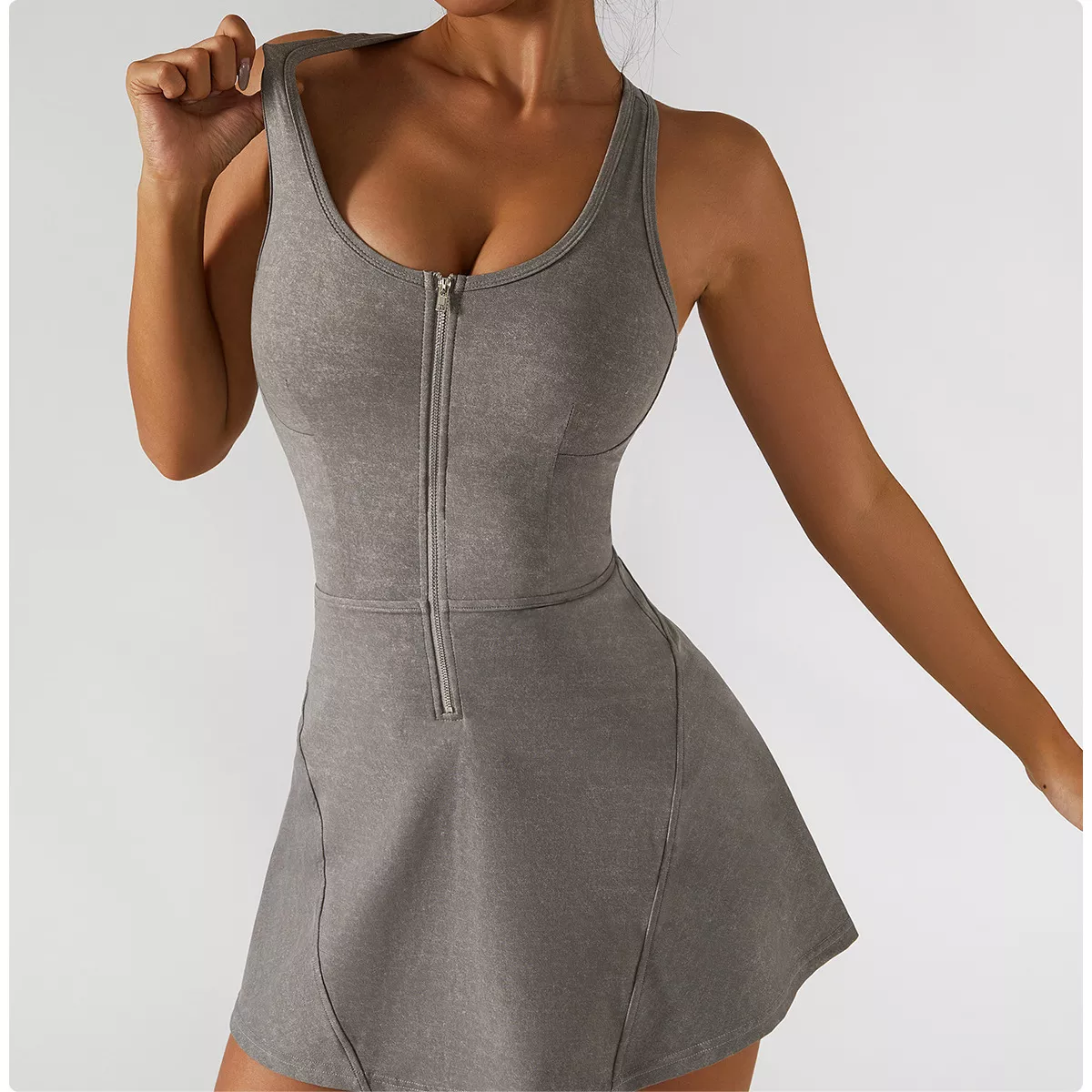 Hot Sale Quick Dry Zip Front Sleeveless Cotton Fabric Women Custom Fitness Tennis Dress Gym One Piece Skirt