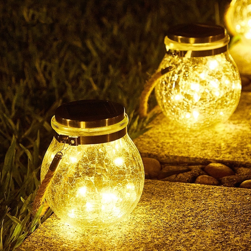 Solar Mason Jar Lights Waterproof Patio Garden Lanterns Wedding Hanging Warm Crack Glass Bottle Solar Jar Light