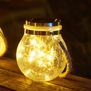 Solar Mason Jar Lights Waterproof Patio Garden Lanterns Wedding Hanging Warm Crack Glass Bottle Solar Jar Light