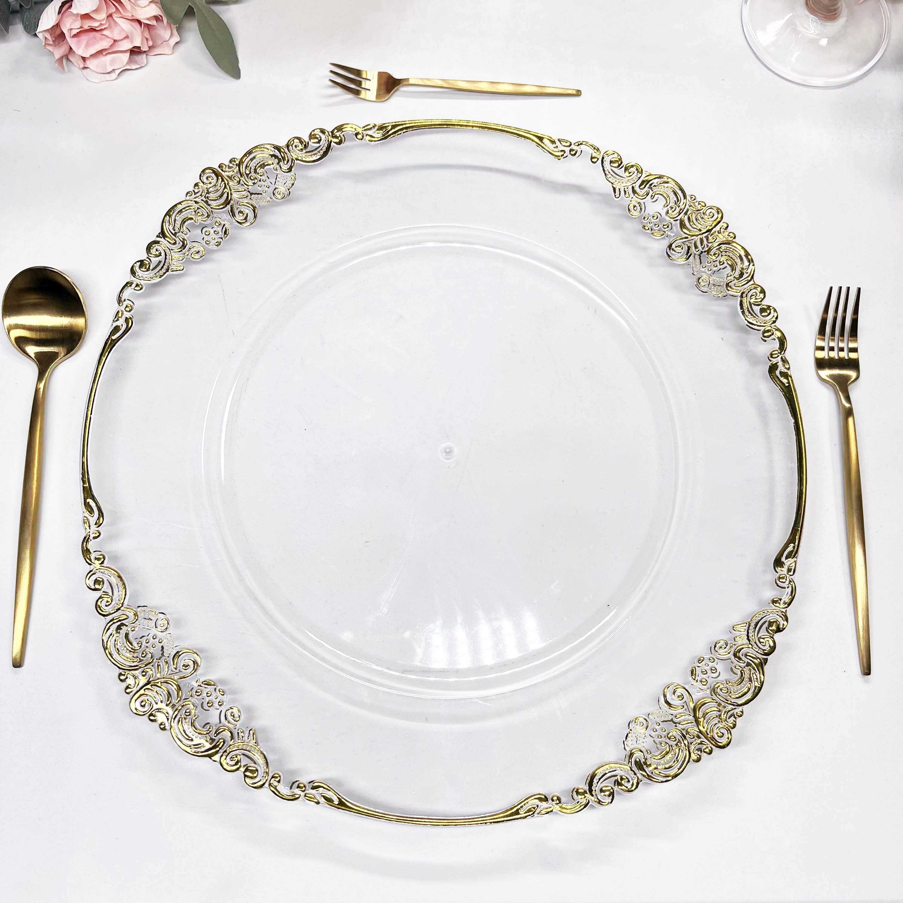 New Arrival Clear Plastic Charger Plates Acrylic Wedding Decorative Service Plate with Gold Silver Reef Cloud Rim