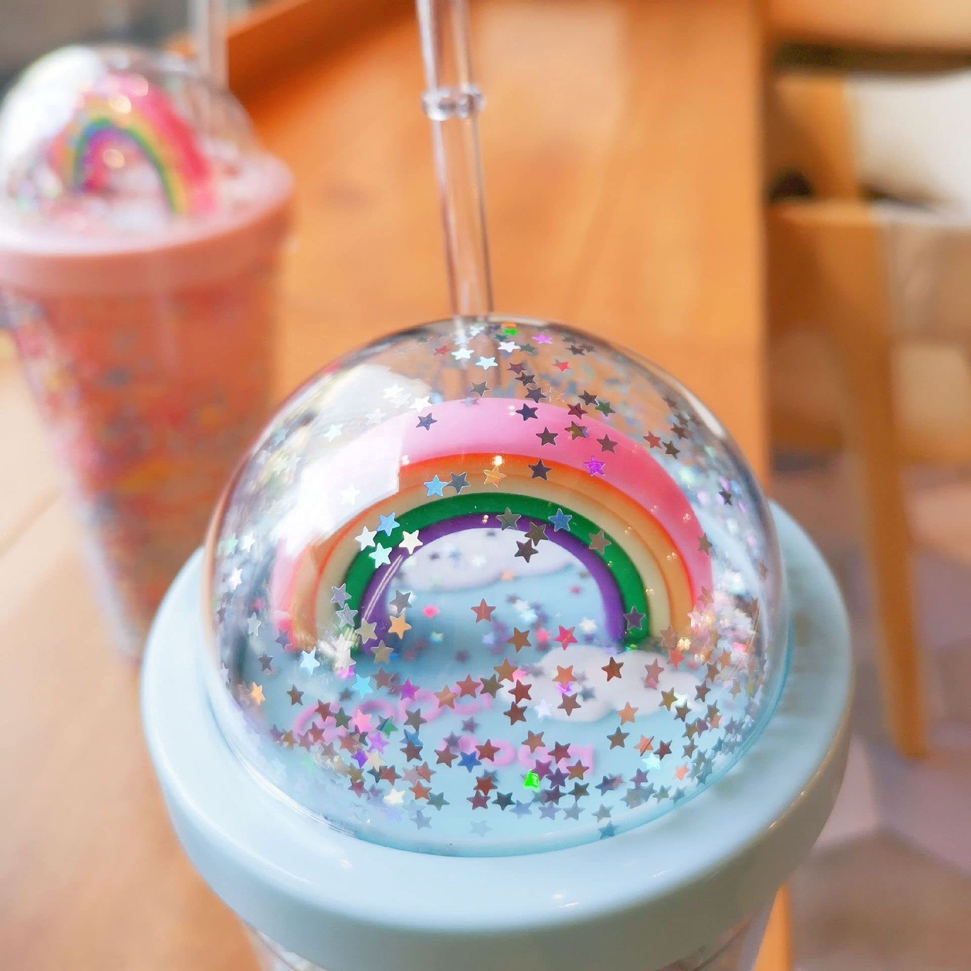 creative rainbow micro landscape plastic water cup Fashion women straw cup Sen series double layer color bead cold drink cup