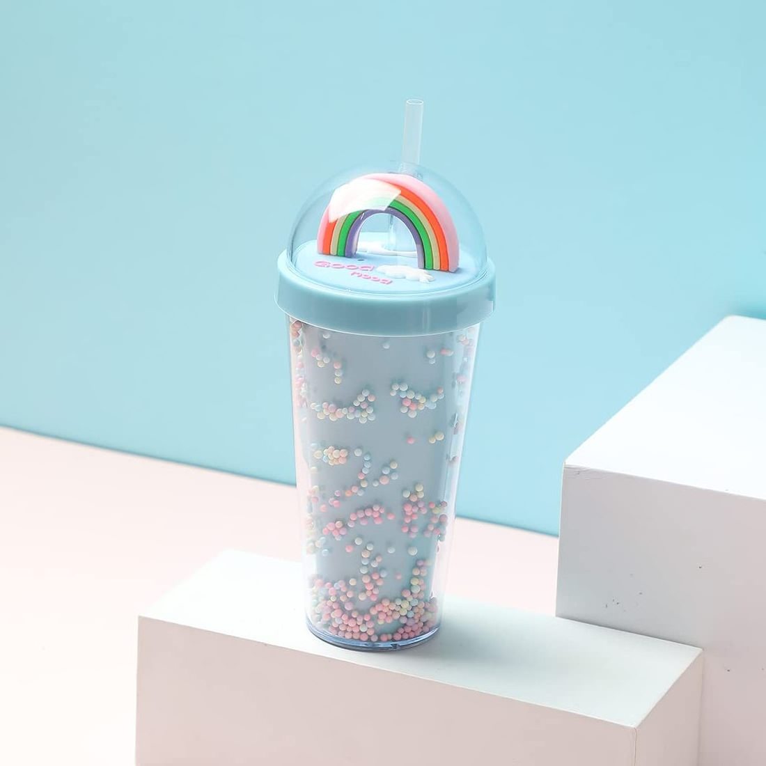 creative rainbow micro landscape plastic water cup Fashion women straw cup Sen series double layer color bead cold drink cup