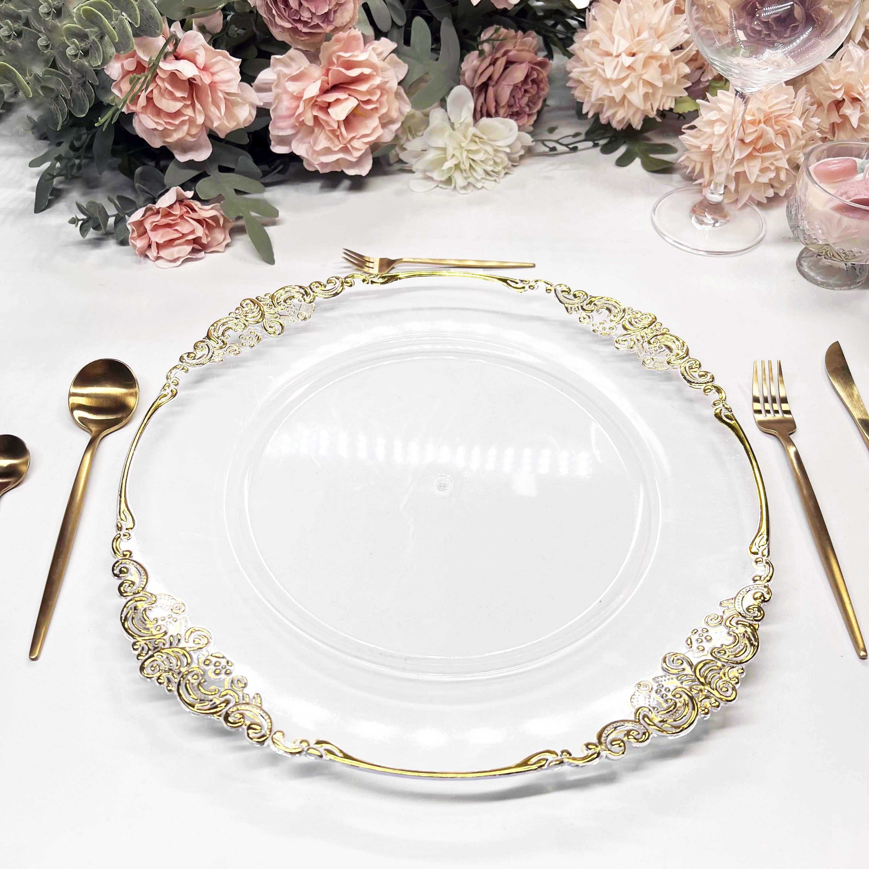 New Arrival Clear Plastic Charger Plates Acrylic Wedding Decorative Service Plate with Gold Silver Reef Cloud Rim