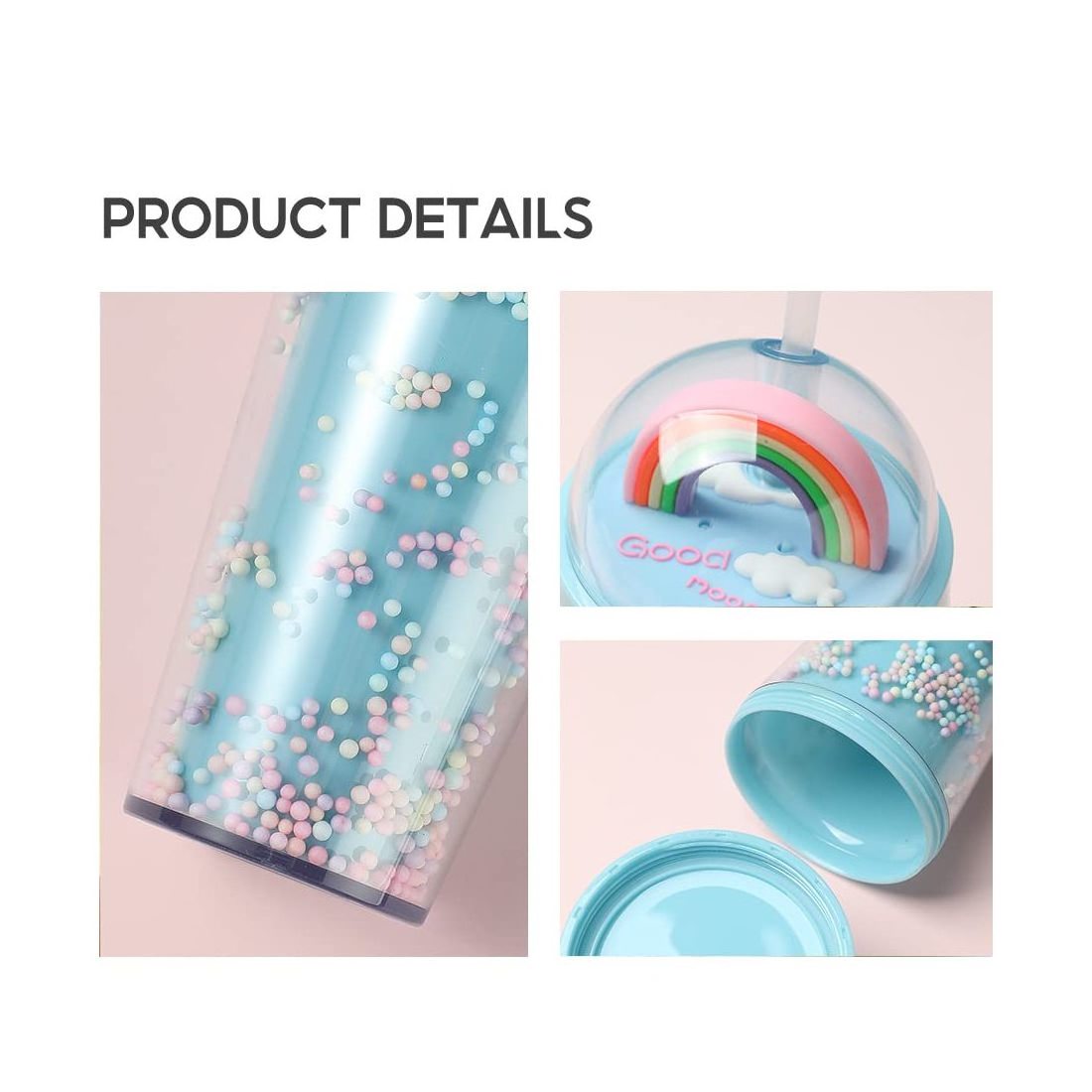 creative rainbow micro landscape plastic water cup Fashion women straw cup Sen series double layer color bead cold drink cup