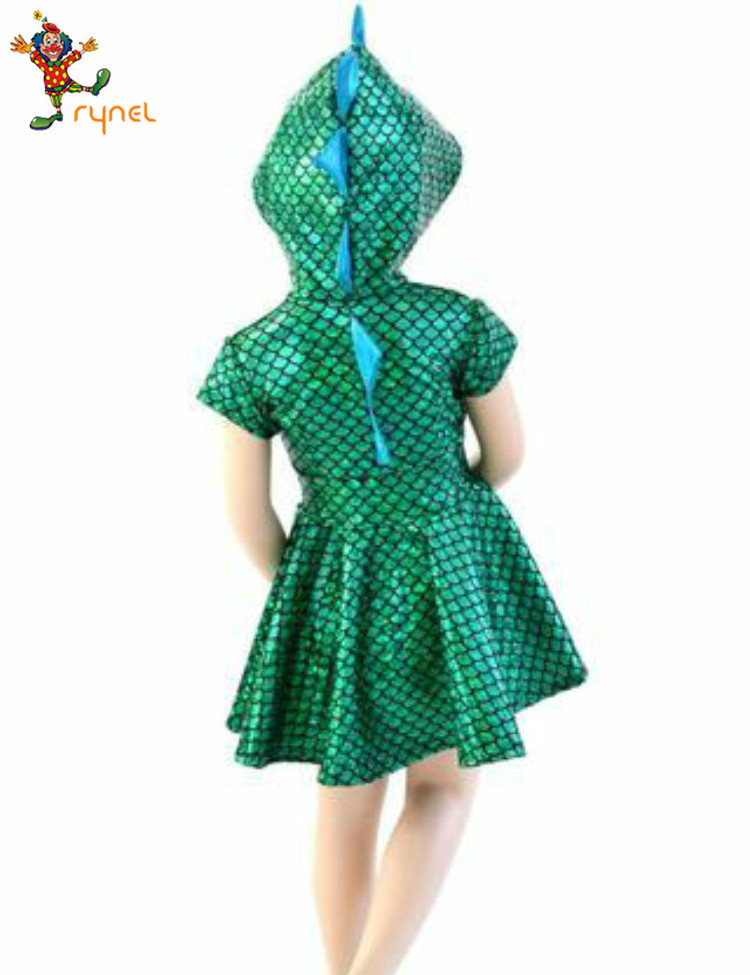 PGCC5676  Kids Little Mermaid Girl Princess Green Dinosaur Dress Party Cosplay Costume