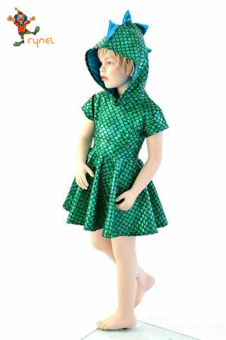 PGCC5676  Kids Little Mermaid Girl Princess Green Dinosaur Dress Party Cosplay Costume