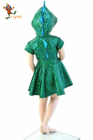 PGCC5676  Kids Little Mermaid Girl Princess Green Dinosaur Dress Party Cosplay Costume