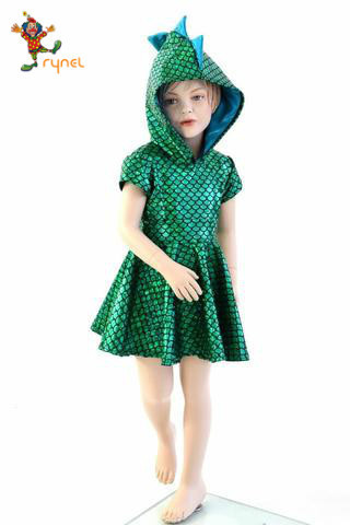 PGCC5676  Kids Little Mermaid Girl Princess Green Dinosaur Dress Party Cosplay Costume