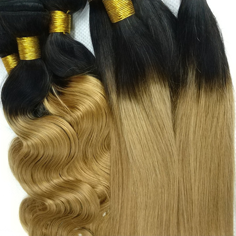 LetsFly On Sale 4pcs hair remy brazilian ombre black root natural 1b/27 gold blonde color 100% Human Hair Weaving free shipping