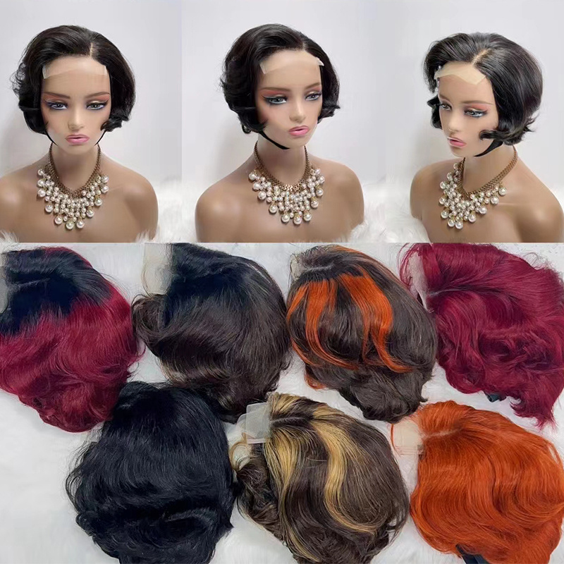 Letsfly 4x4 Short Pixies Cut Lace Closure Brazilian Remy Human Hair Wigs Wholesales 4/350# Piano Color 5pcs Free Shipping