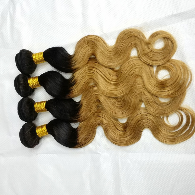 LetsFly On Sale 4pcs hair remy brazilian ombre black root natural 1b/27 gold blonde color 100% Human Hair Weaving free shipping