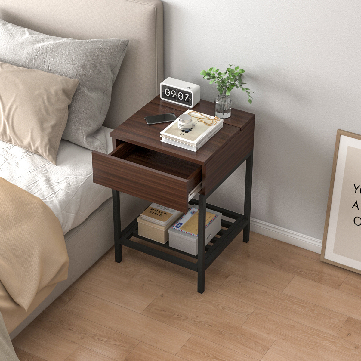 Premium Quality Iron Design and Wood Single Drawer Bedside Table Night Stand for Home Living and Bed Room