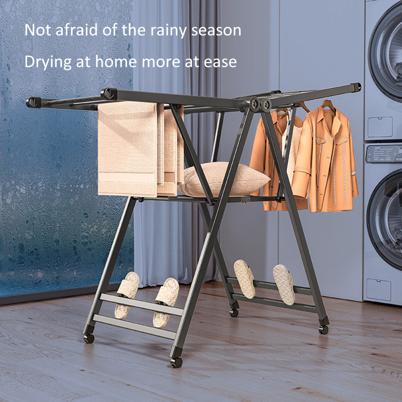 Aluminum Alloy Clothes Drying Rack With Shoe Rack High Stability Wing Type Drying Racks